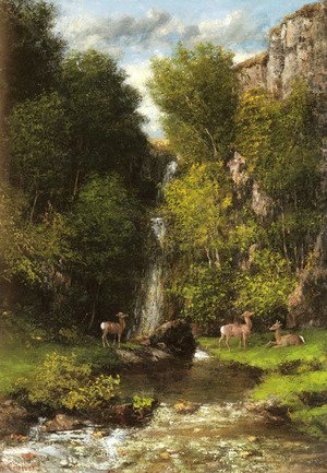 Gustave Courbet - A Family of Deer in a Landscape with a Waterfall