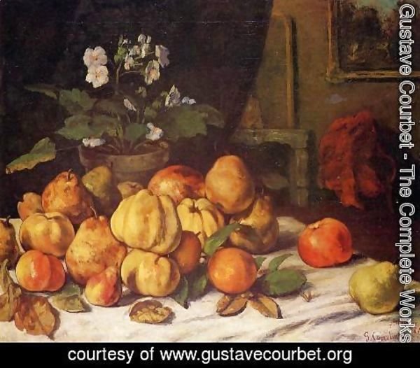 Gustave Courbet - Still Life: Apples, Pears and Primroses on a Table