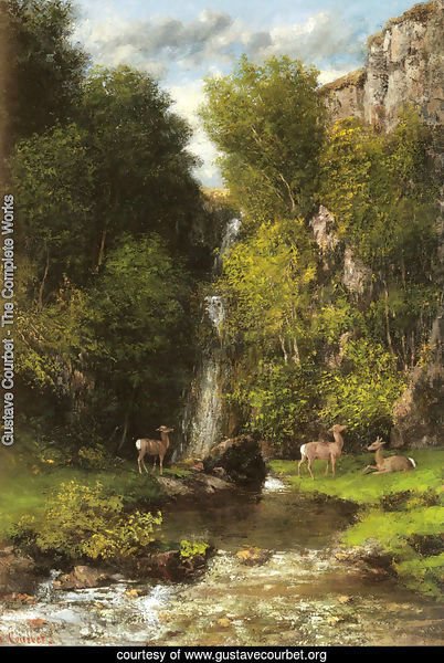 A Family of Deer in a Landscape with a Waterfall