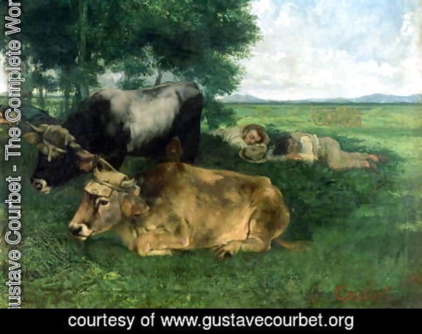 Gustave Courbet - La Siesta Pendant la saison des foins (and detail of animals sleeping under a tree), 1867