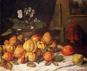 Gustave Courbet - Still Life: Apples, Pears and Primroses on a Table